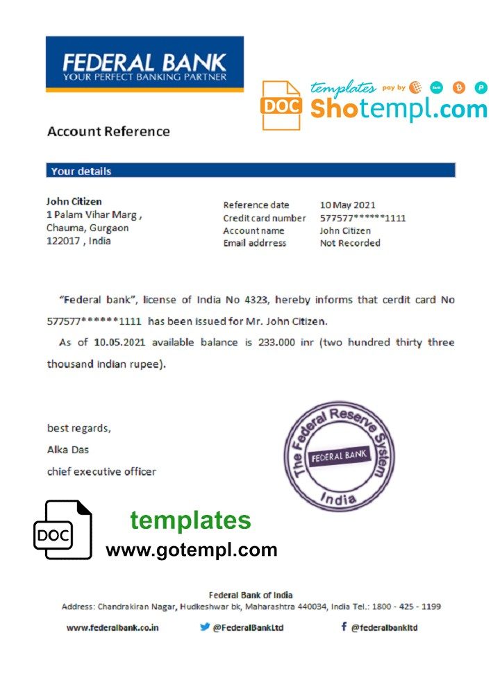 Indian Federal bank reference letter example in Word and PDF format