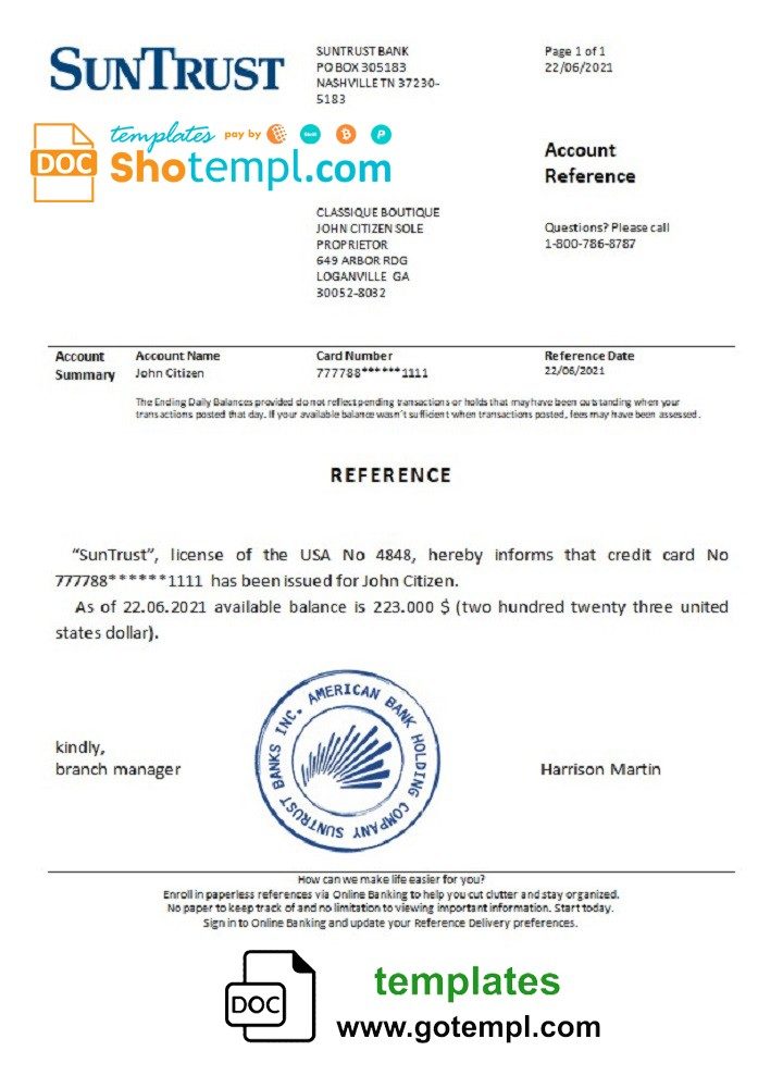 USA SunTrust bank account reference letter example in Word and PDF format