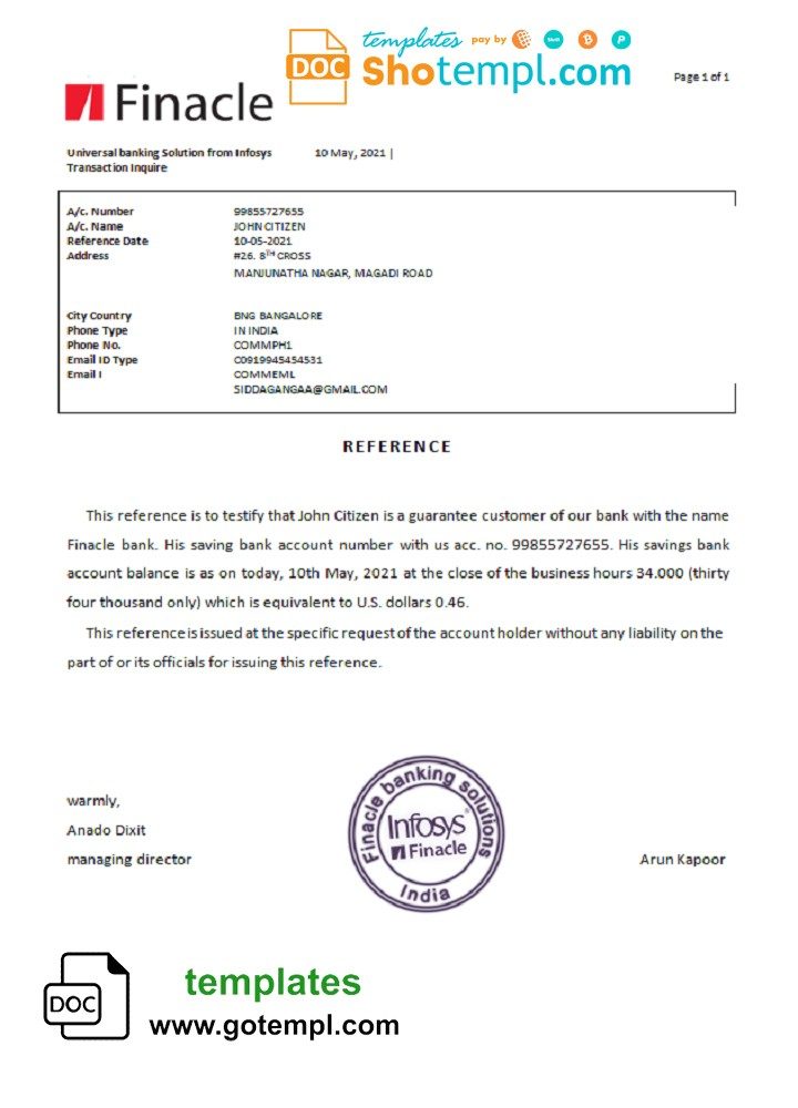 Indian Finacle bank reference letter example in Word and PDF format