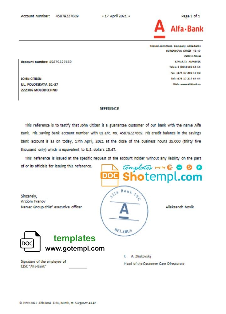 Belarusian Alfa bank reference letter example in Word and PDF format