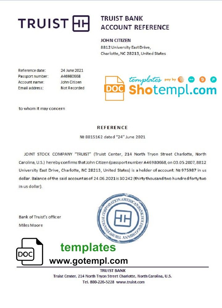 USA Truist Bank bank account balance reference letter example in Word and PDF format