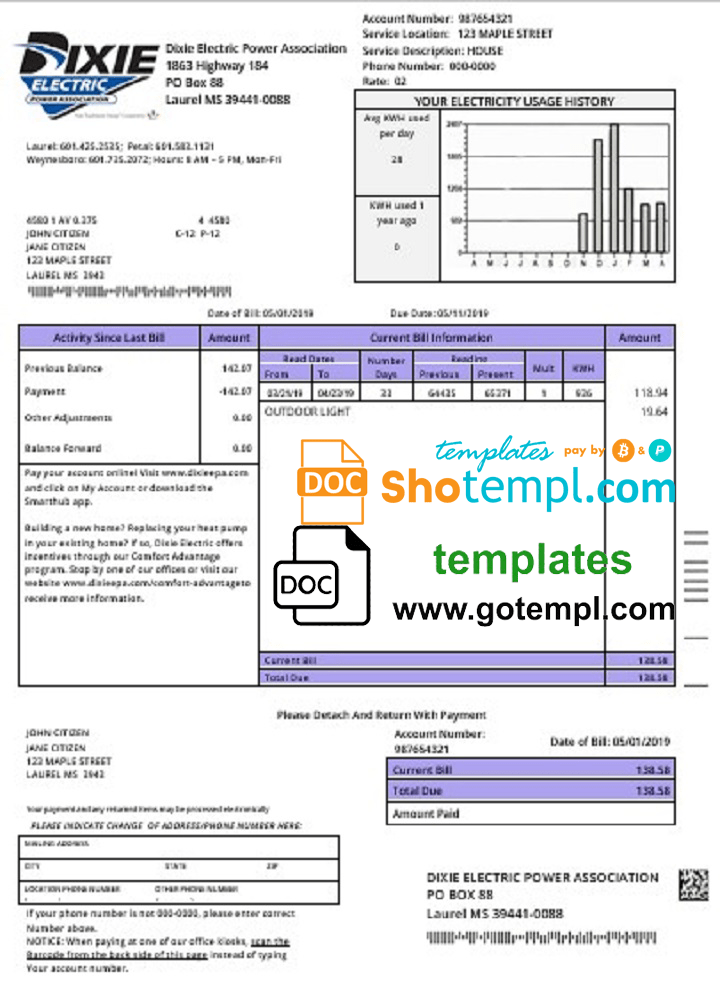 USA Mississipi Dixie Electric utility bill download example in Word and PDF format