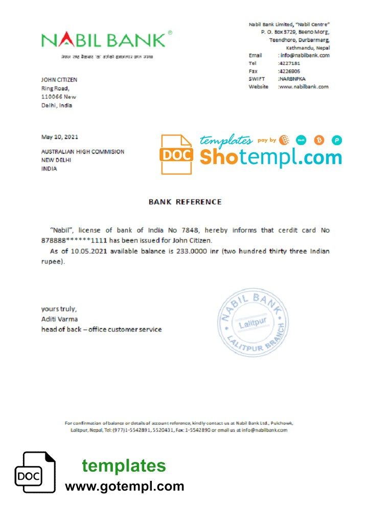 Indian Nabil bank reference letter example in Word and PDF format