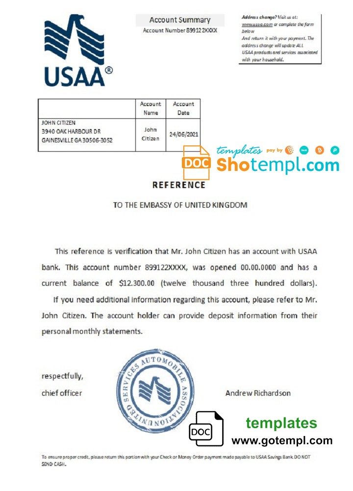 USA USAA bank account reference letter example in Word and PDF format