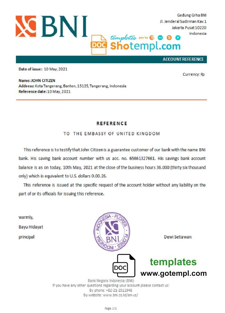 Indonesian Negara bank reference letter example in Word and PDF format