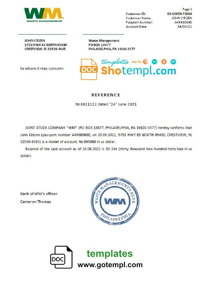 USA WM bank account reference letter example in Word and PDF format