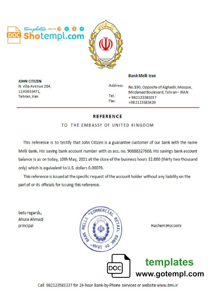 Persian Melli bank reference letter example in Word and PDF format