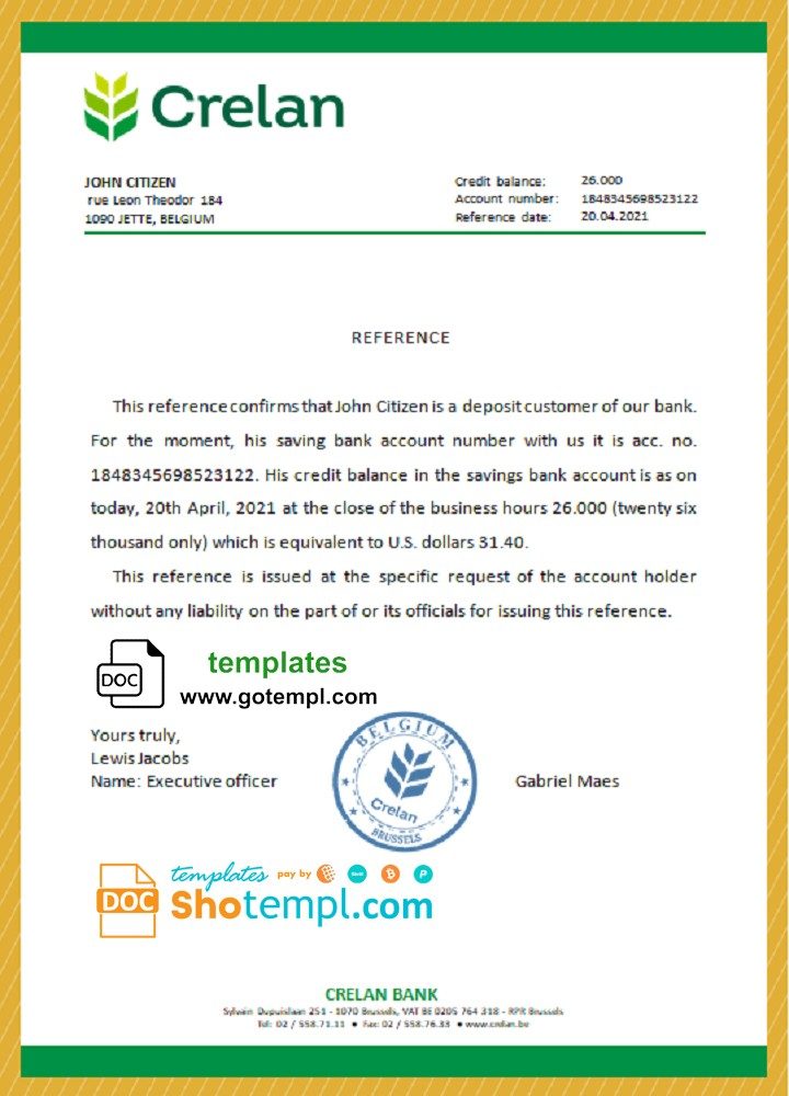 Belgian Crelan bank account reference letter example in Word and PDF format