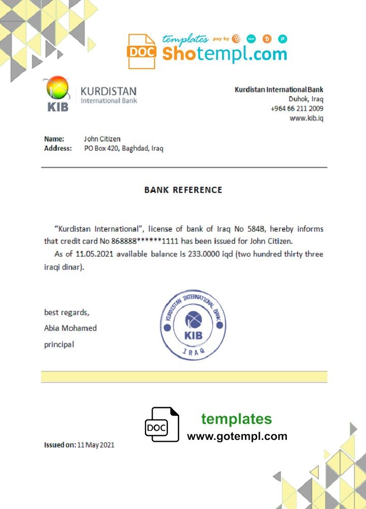 Iraqi Kurdistan International bank reference letter example in Word and PDF format