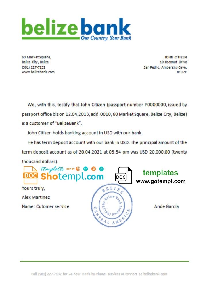 Belizean Belizeanbank bank reference letter example in Word and PDF format