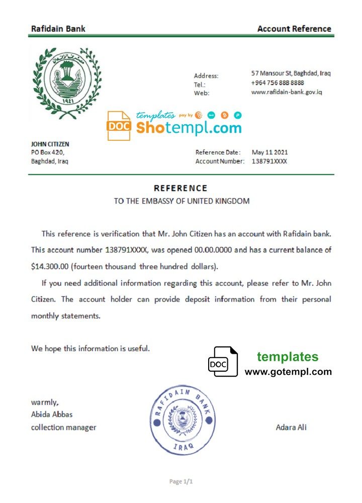 Iraqi Rafidain bank account reference letter example in Word and PDF format