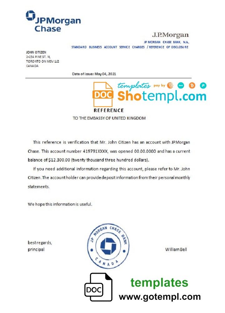 Canadian JPMorgan Chase bank account reference letter example in Word and PDF format