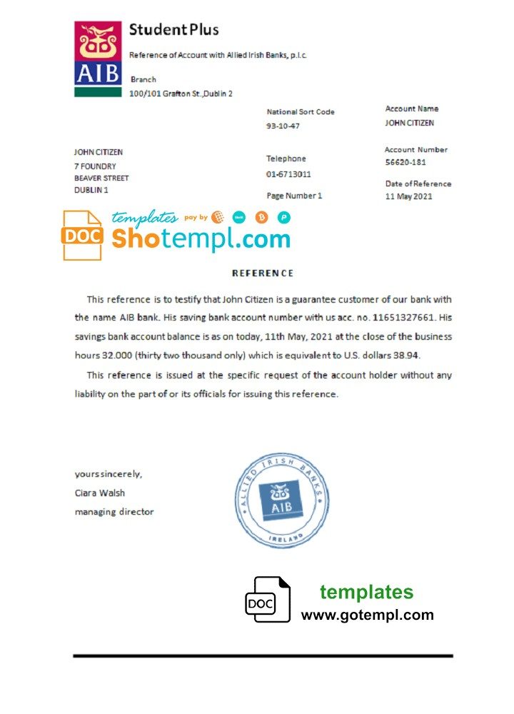 Irish AIB bank account reference letter example in Word and PDF format