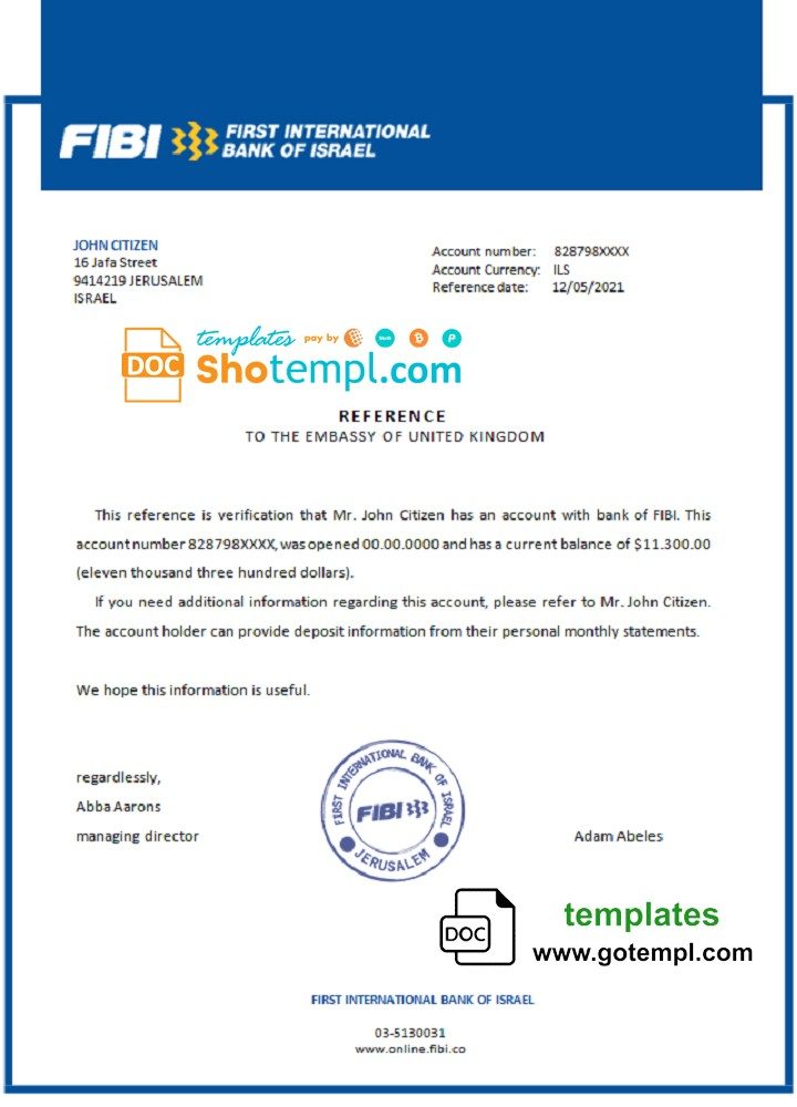 Israeli First International Bank of Israeli bank account reference letter example in Word and PDF format