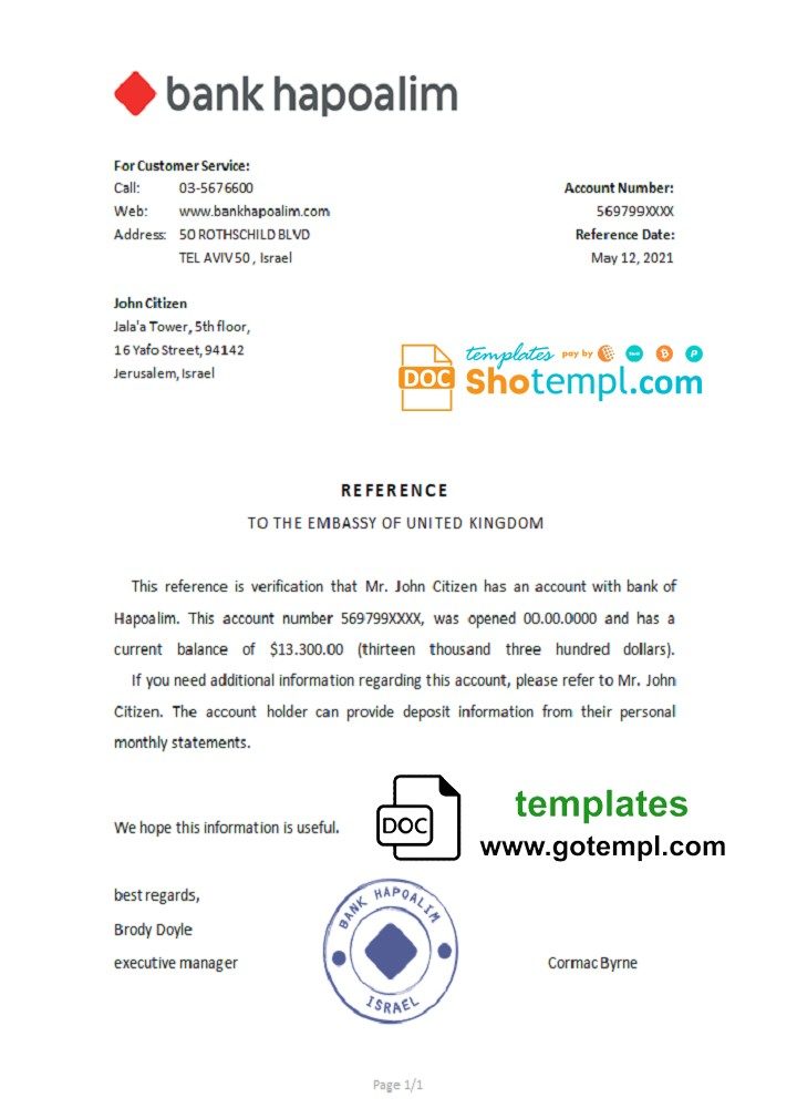 Israeli Hapoalim bank account reference letter example in Word and PDF format