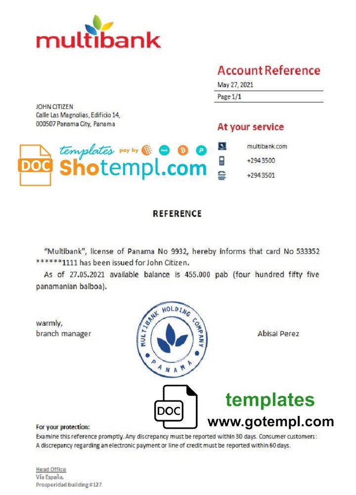 Panamanian Multibank bank account reference letter example in Word and PDF format