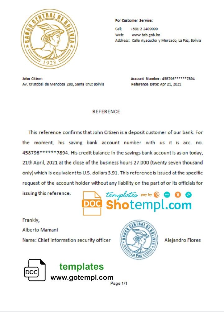 Bolivian Banco Central de Bolivian account reference letter example in Word and PDF format