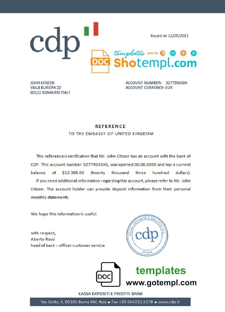 Italian CDP bank account reference letter example in Word and PDF format