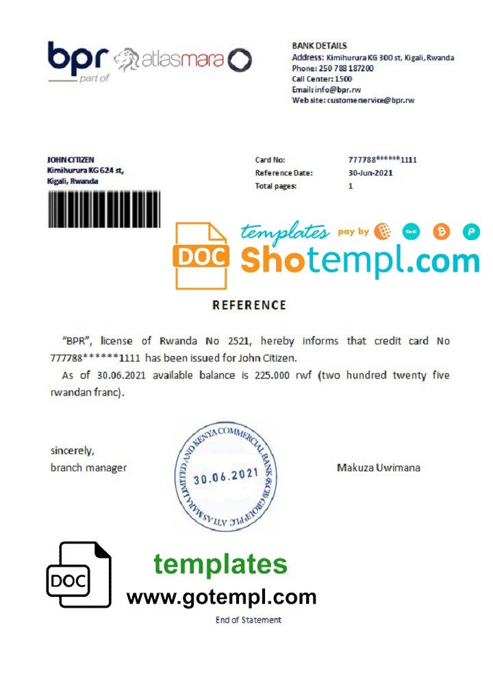 Rwanda BPR Atlasmara bank reference letter example in Word and PDF format
