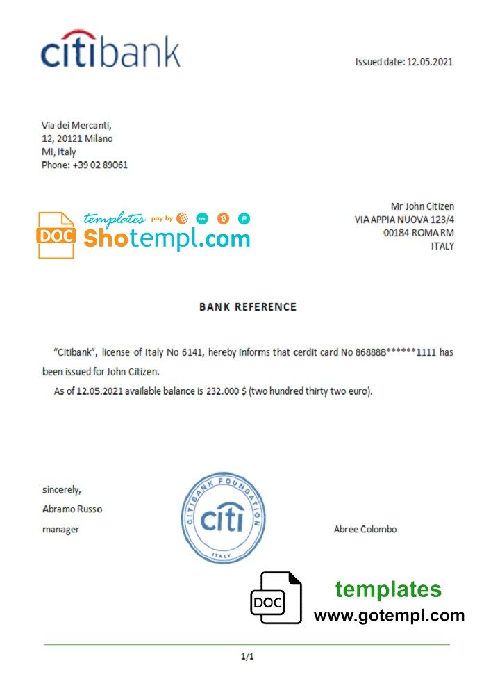 Italian Citibank bank account reference letter example in Word and PDF format