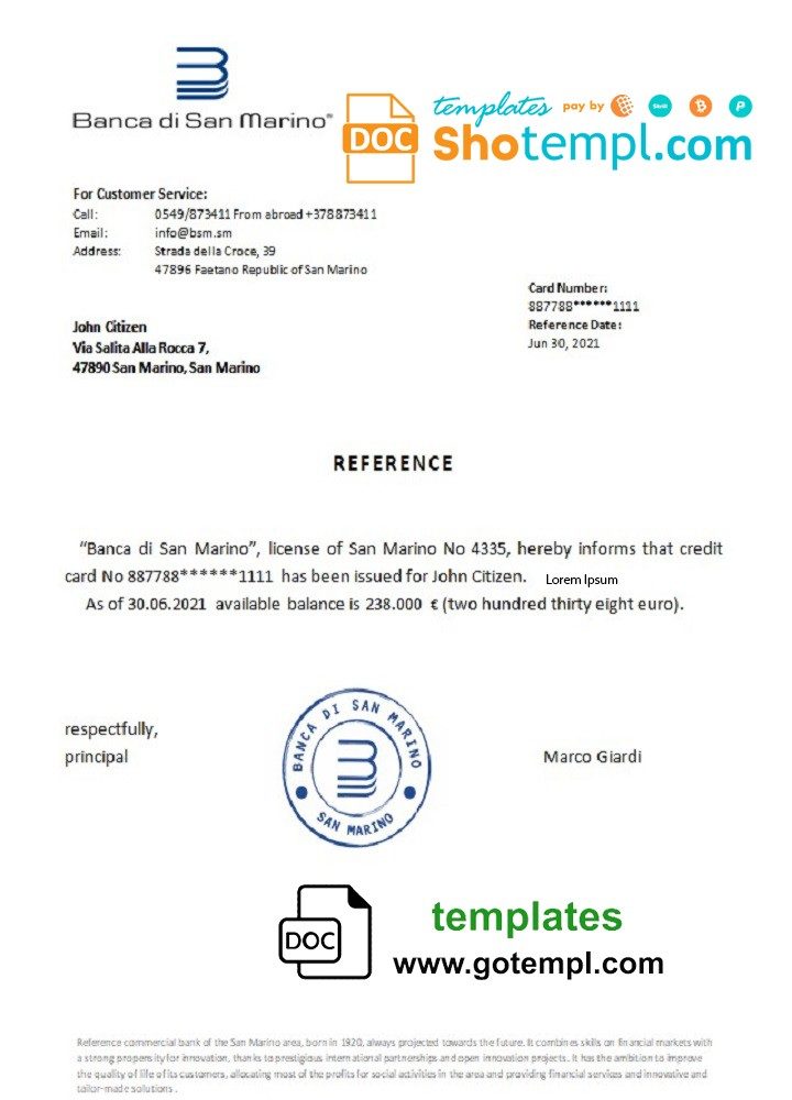 San Marino Banca di San Marino bank reference letter example in Word and PDF format