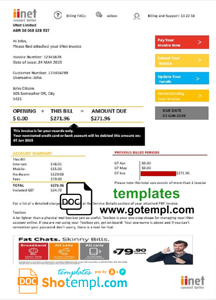 Australia iiNet utility bill download example in Word and PDF format (.doc and .pdf)