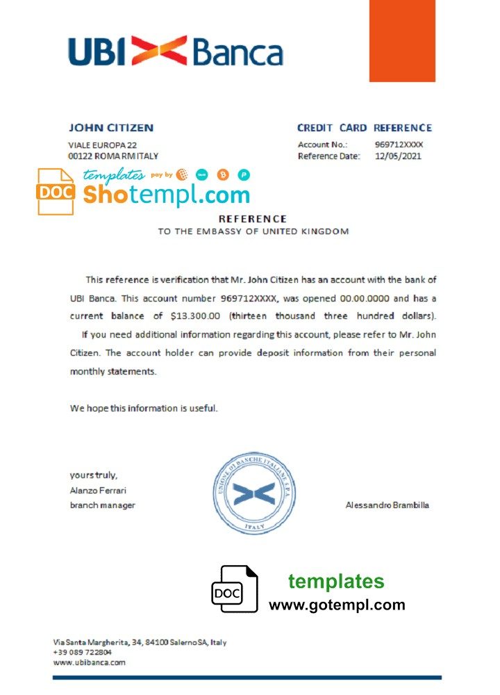 Italian UBI bank account reference letter example in Word and PDF format