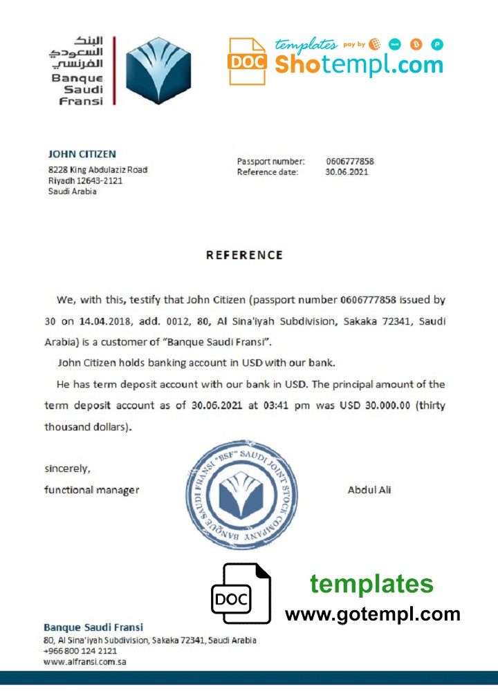Saudi Arabian Banque Saudi Fransi bank reference letter example in Word and PDF format