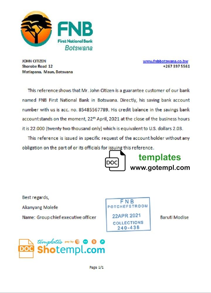 Botswana First National Bank (FNB) account reference letter example in Word and PDF format