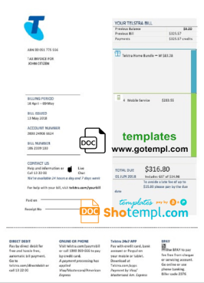 Australia Telstra telecommunications utility bill download example in Word and PDF format