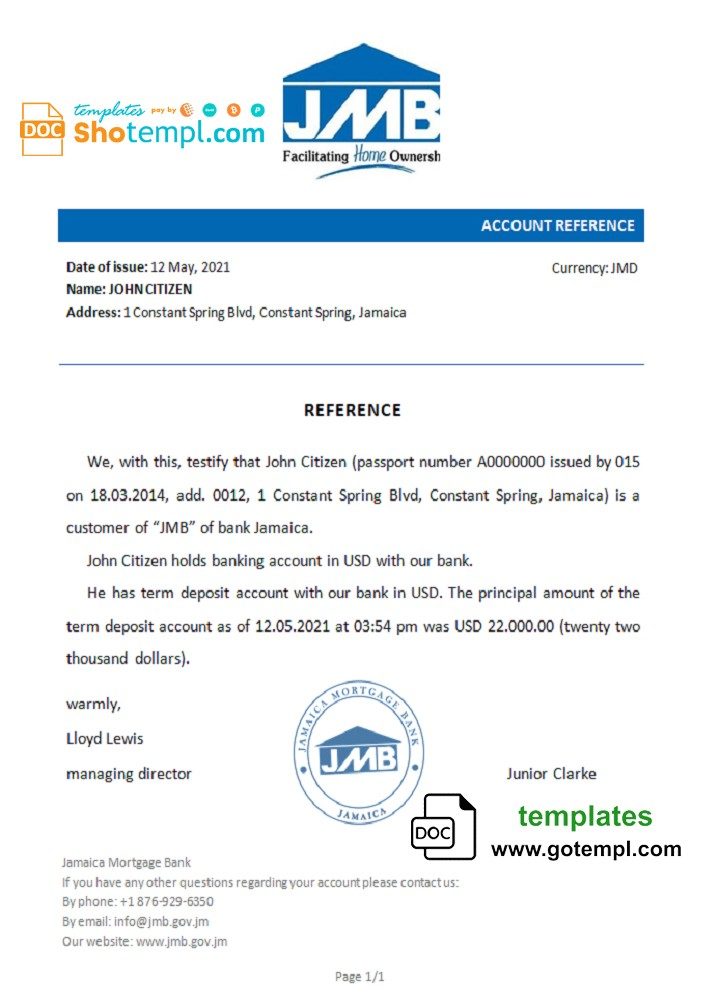 Jamaican Mortgage bank account reference letter example in Word and PDF format