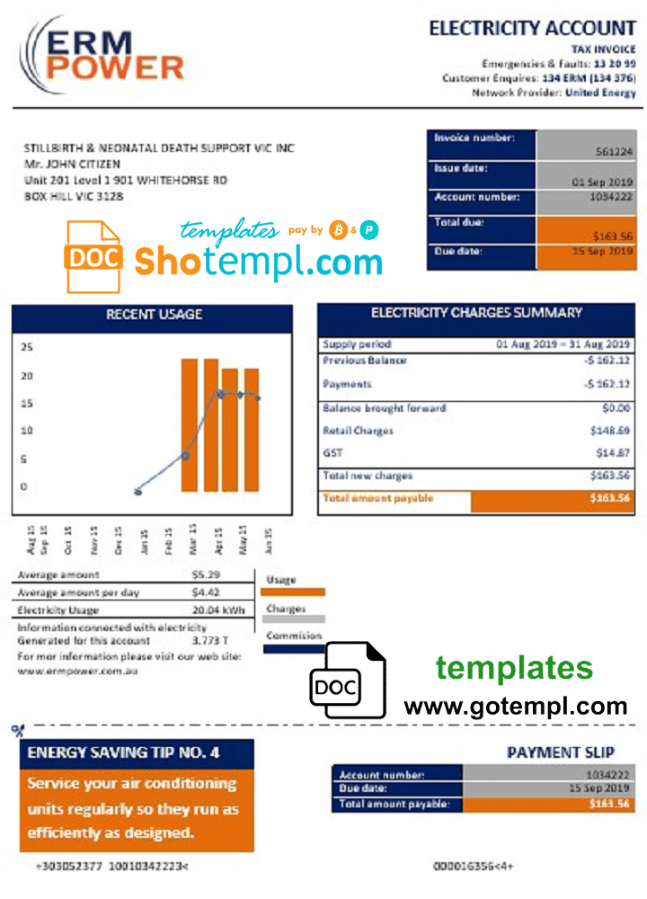 Australia ERM Power electricity proof of address utility bill download example in Word and PDF format