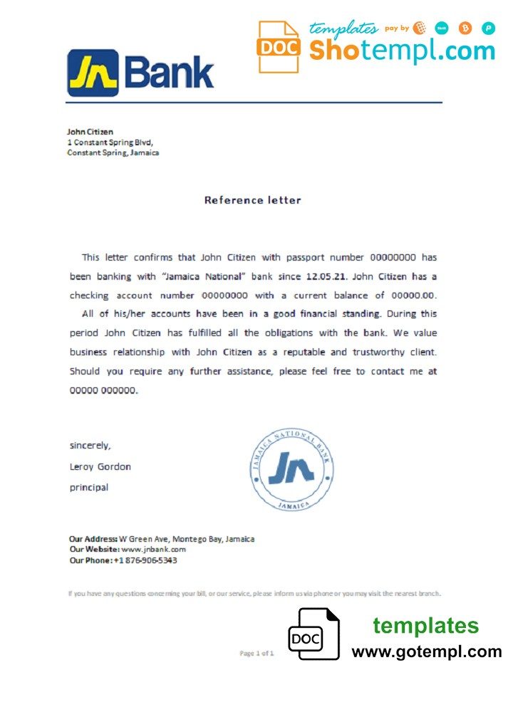 Jamaican National bank account reference letter example in Word and PDF format