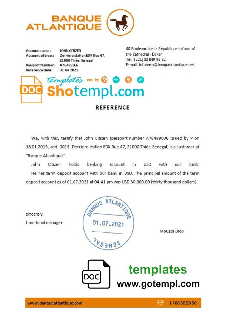 Senegalese Banque Atlantique bank reference letter example in Word and PDF format