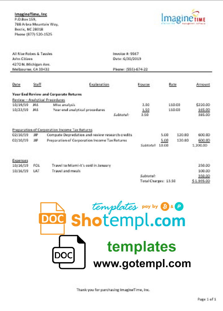 Australia Imagine Time utility bill download example in Word and PDF format