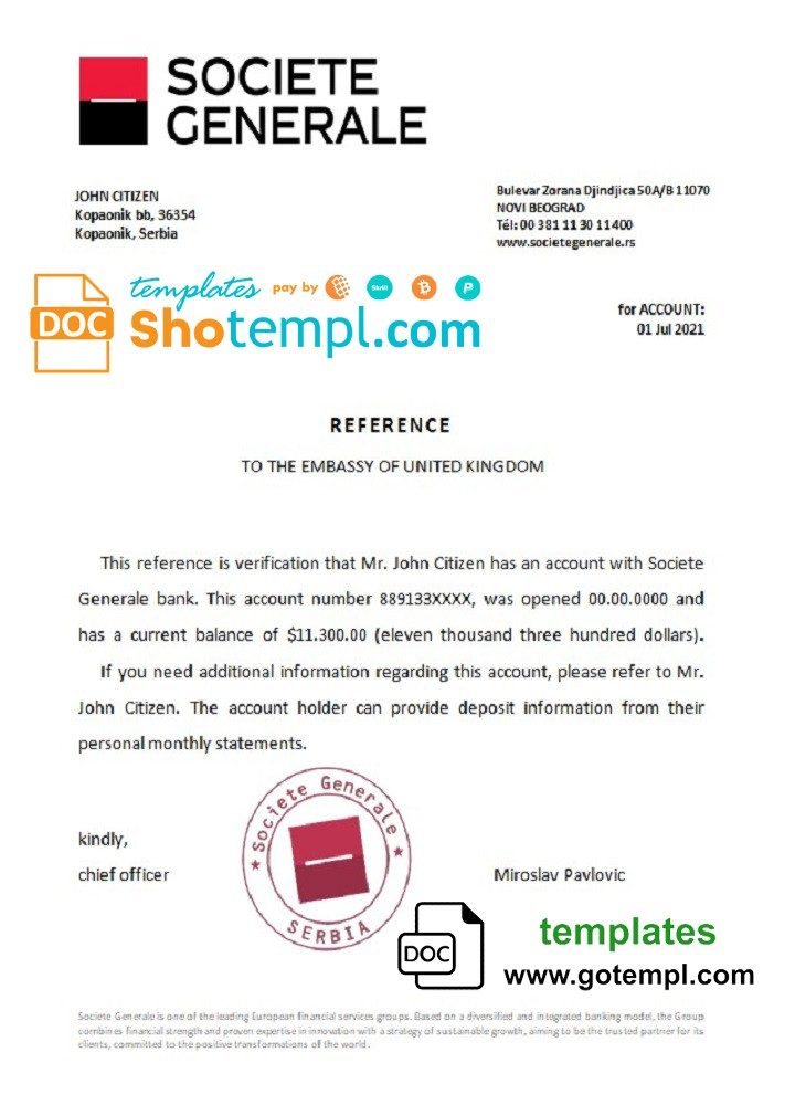 Serbian Societe Generale bank reference letter example in Word and PDF format