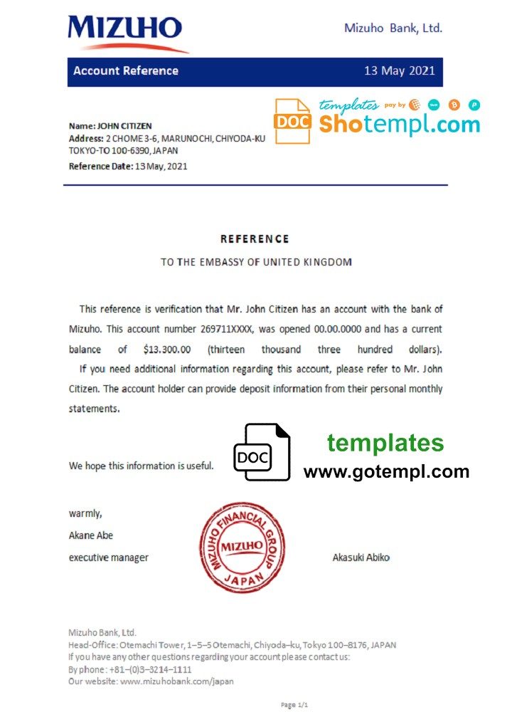 Japanese Mizuho bank account reference letter example in Word and PDF format