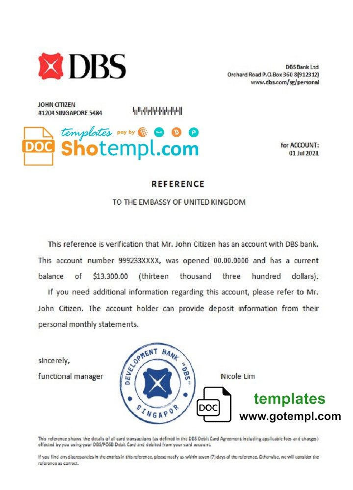 Singapore DBS bank reference letter example in Word and PDF format
