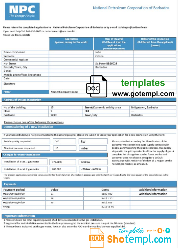 Barbadian National Petroleum Corporation of Barbadian gas utility bill download example in Word and PDF format