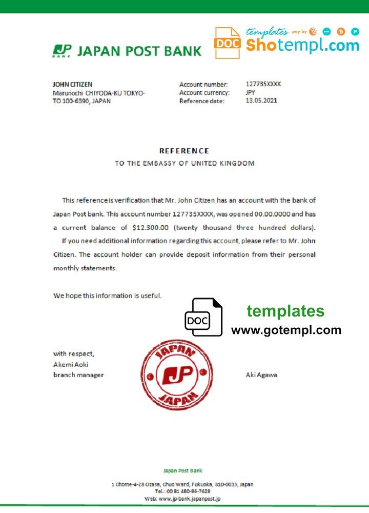 Japanese Post bank account reference letter example in Word and PDF format