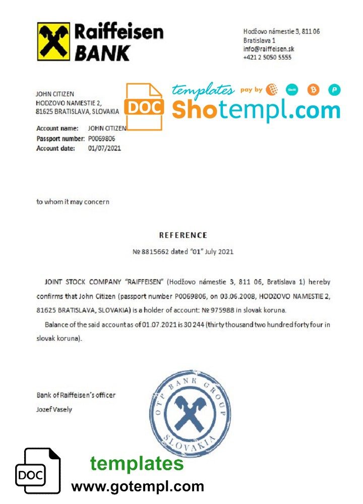 Slovak Raiffeisen bank reference letter example in Word and PDF format