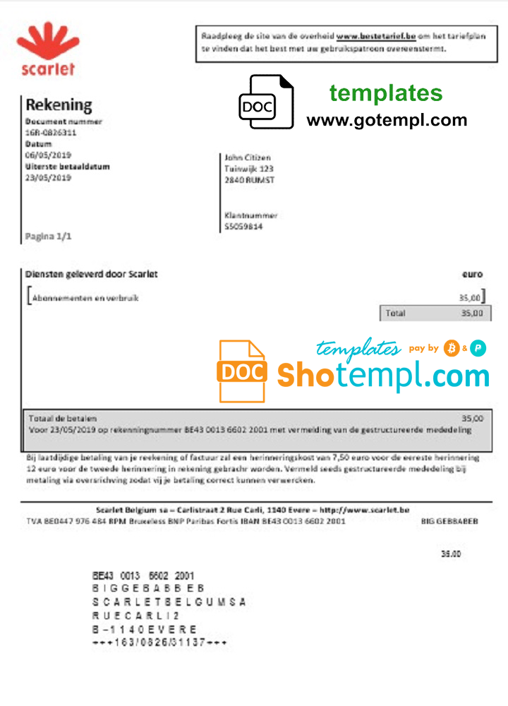 Belgian Scarlet utility bill download example in Word and PDF format (.doc and .pdf)