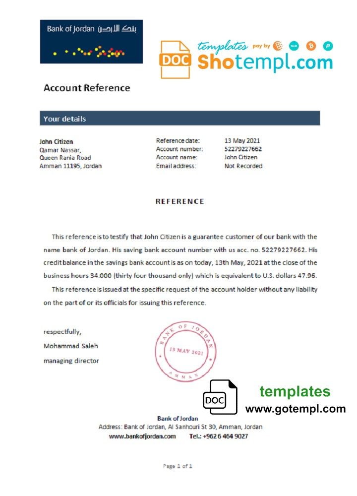 Jordanian Bank of Jordanian bank account reference letter example in Word and PDF format