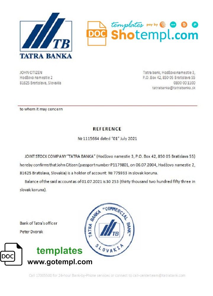 Slovak Tatra Banka bank reference letter example in Word and PDF format