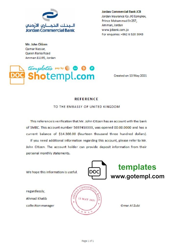 Jordanian Commercial bank account reference letter example in Word and PDF format