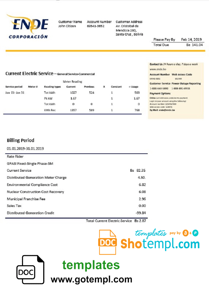 Bolivian ENDE Corporacion electricity utility bill download example in Word and PDF format