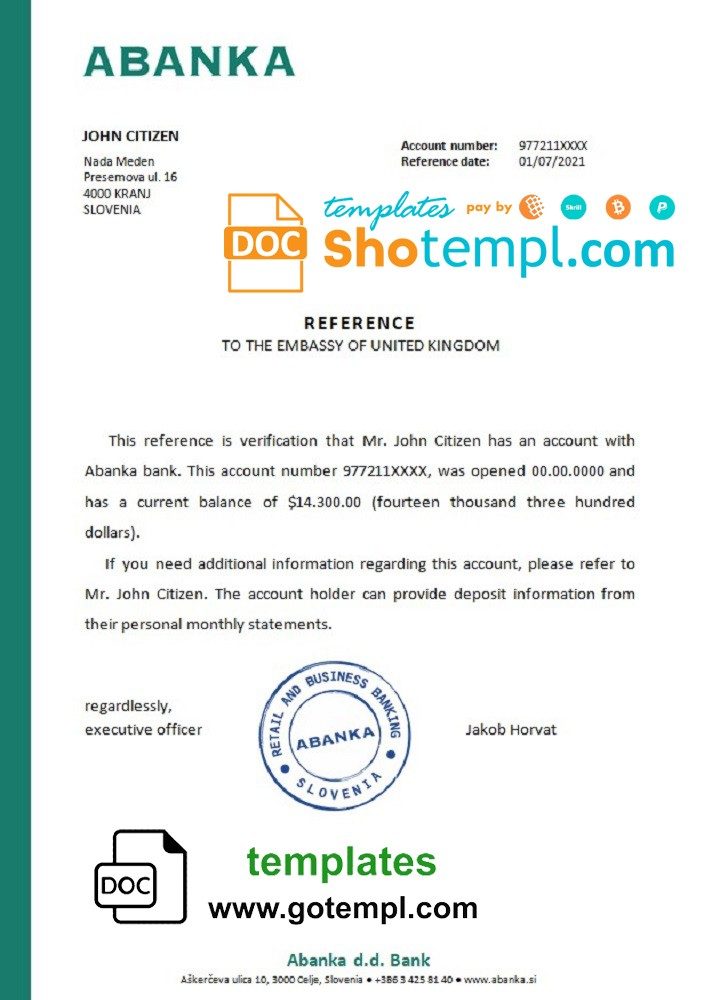 Slovenian Abanka bank reference letter example in Word and PDF format