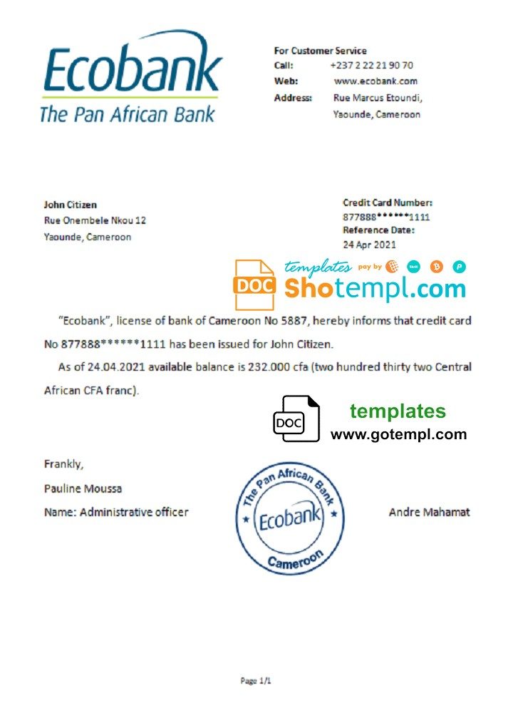 Cameroonian Ecobank account reference letter example in Word and PDF format