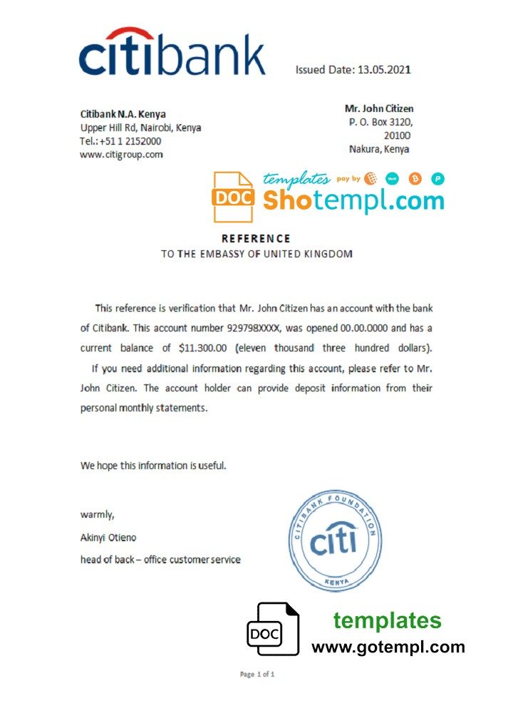 Kenyan Citibank account reference letter example in Word and PDF format