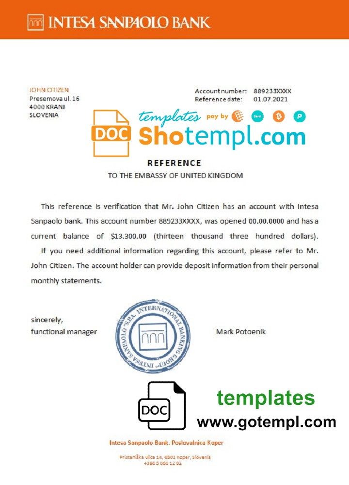 Slovenian Intesa Sanpaolo bank reference letter example in Word and PDF format